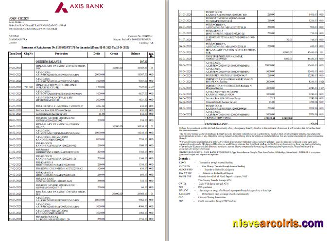 India Axis bank statement, Word and PDF format, 2 pages, version 2